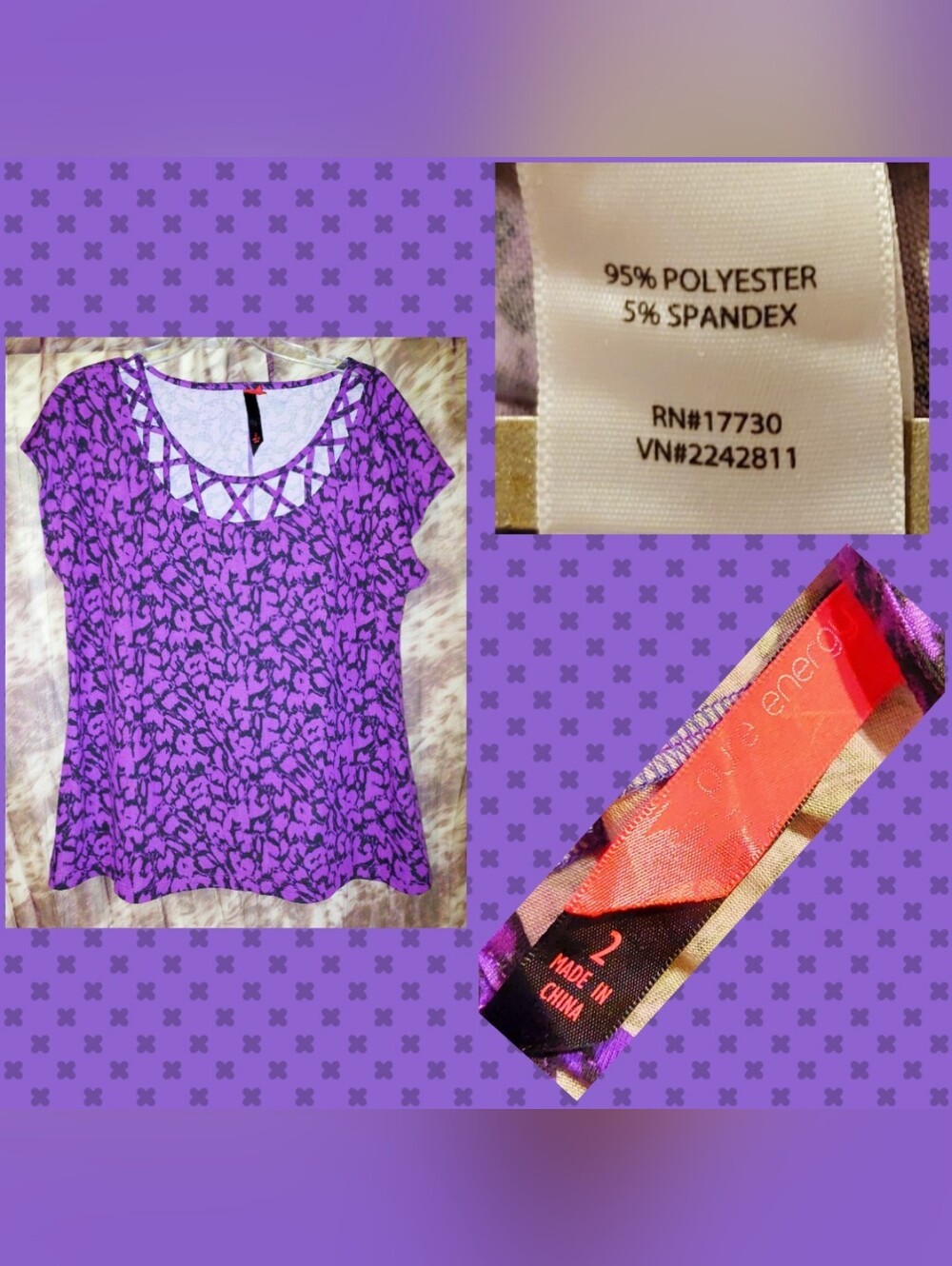 Pure Energy Purple & Black Animal Print w/Lattice Neckline Soft Knit Top Sz 2X